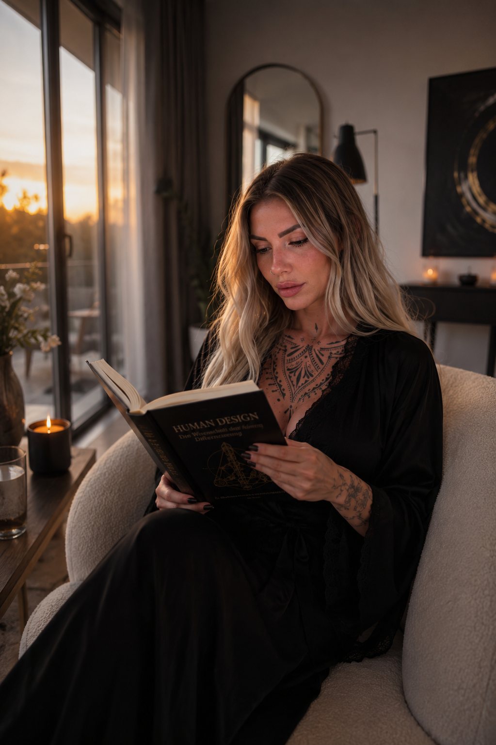 Jessi liest ein Fachbuch über Human Design im Abendlicht