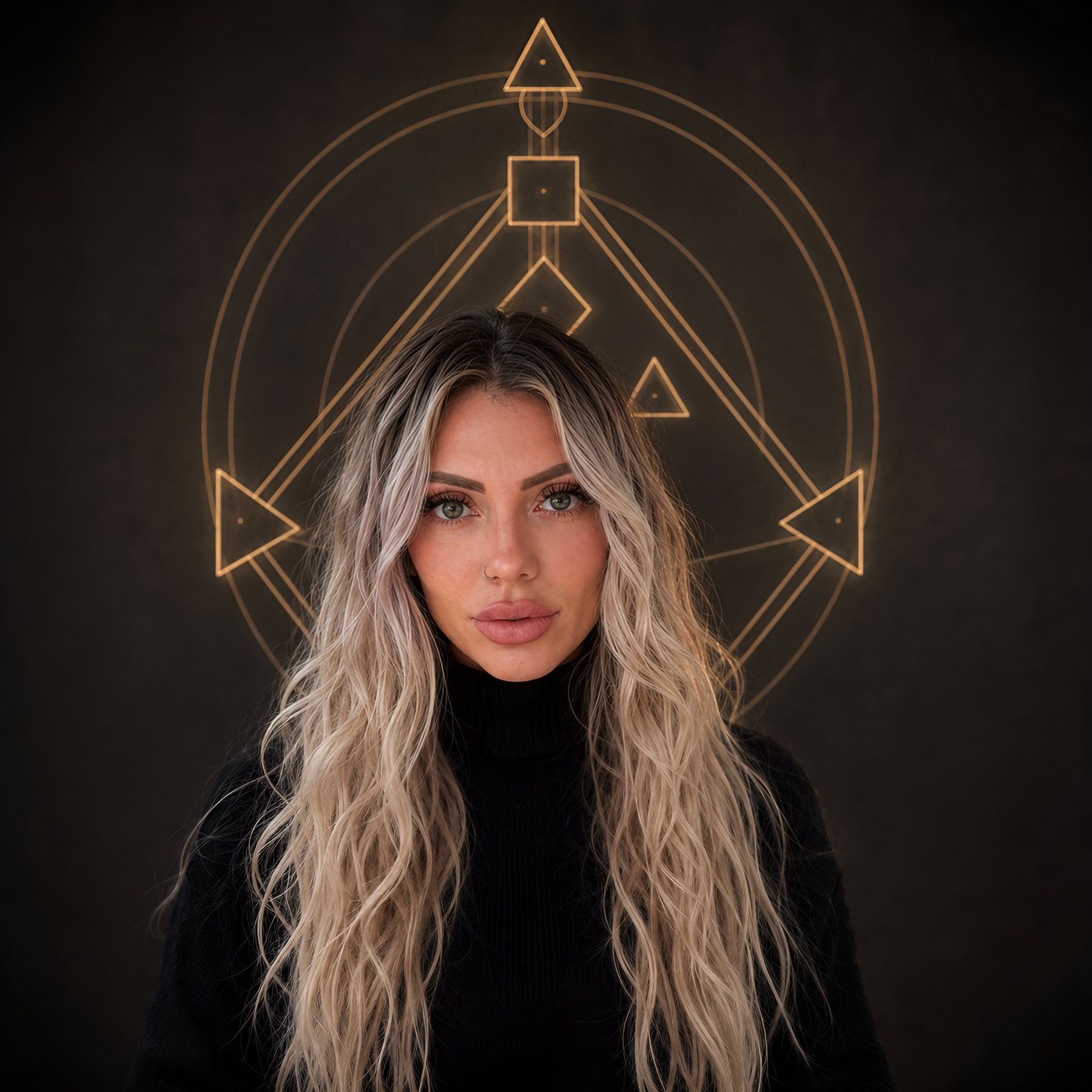 Portrait von Jessi, Gründerin und Entwicklerin der Ausbildung, vor einem golden leuchtenden Human Design Chart